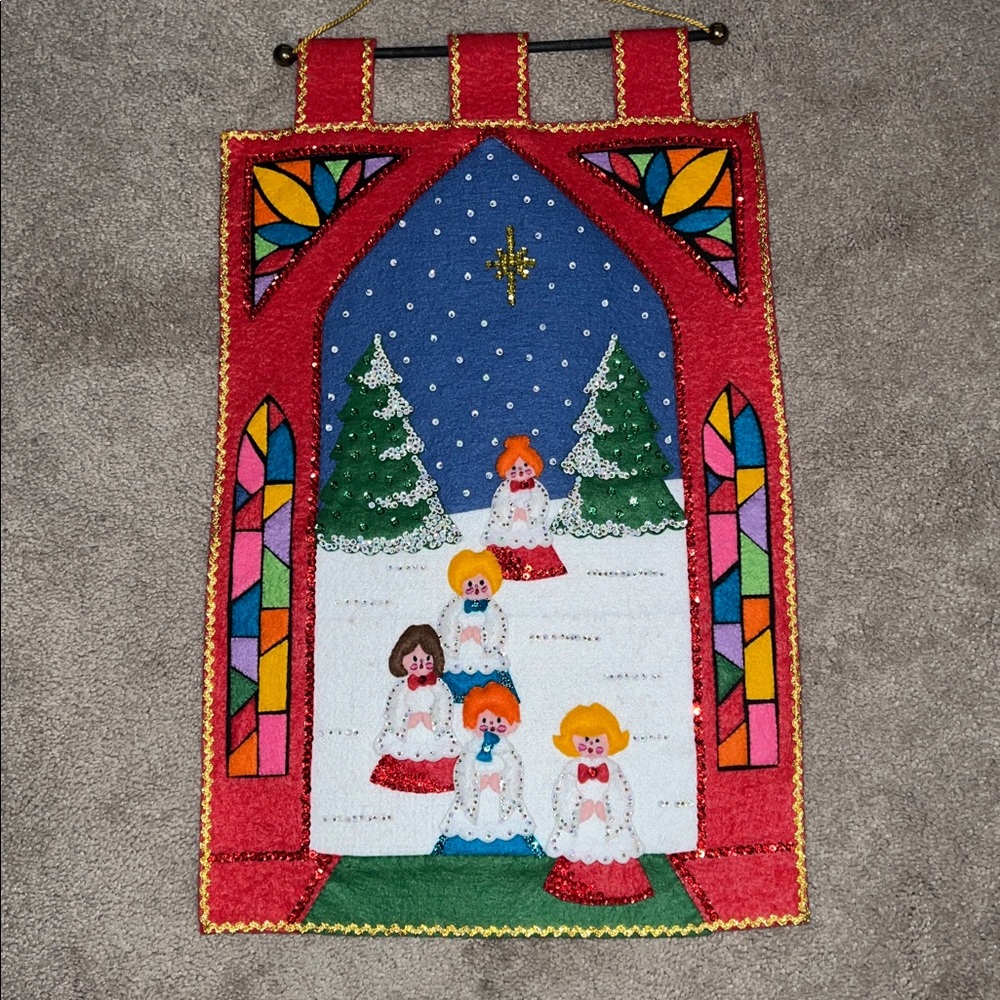Vintage Handcrafted Colorful Christmas Wall Hanging with Angels-EUC